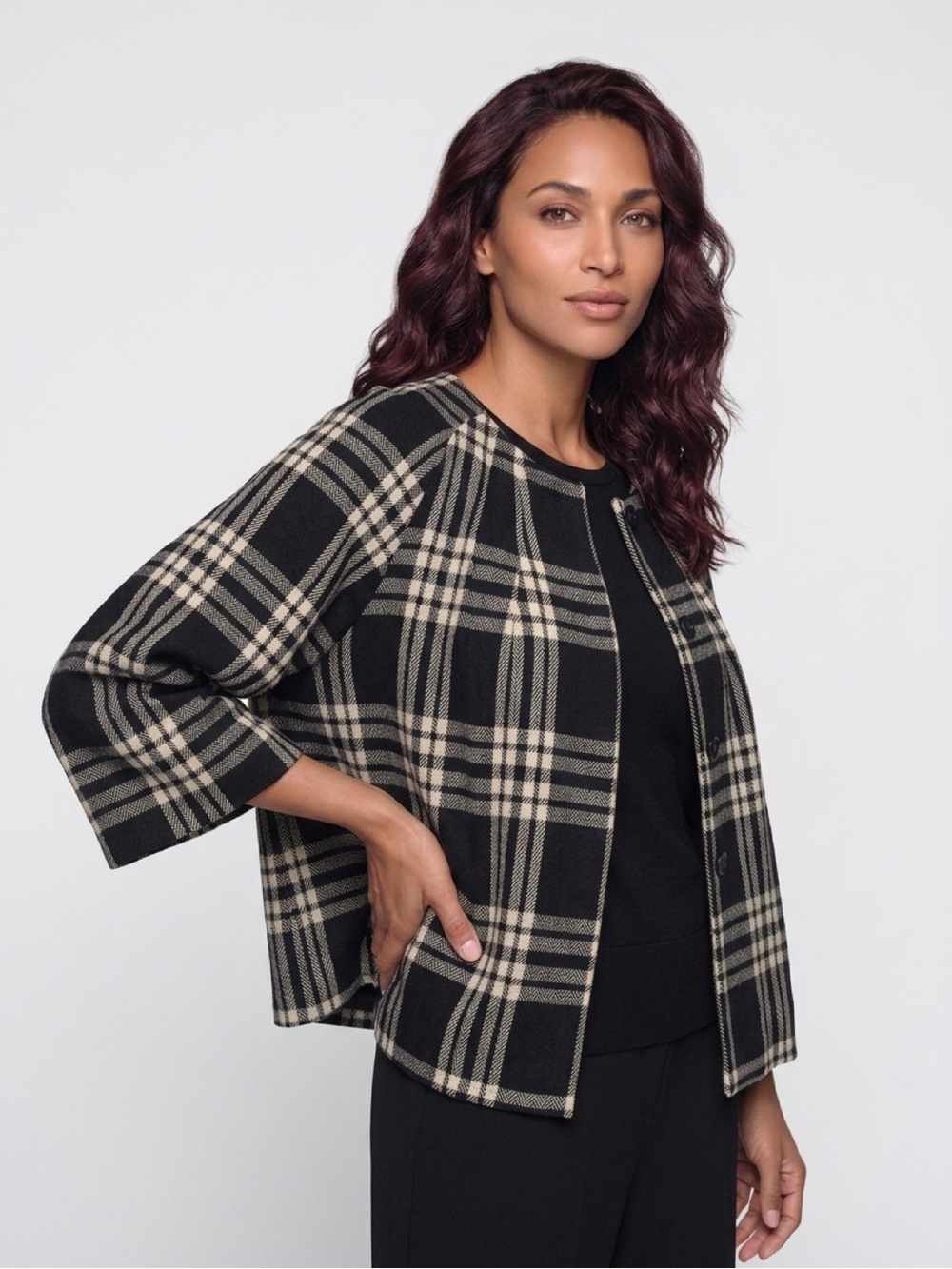 Larry Levine Black and Cream Plaid Cropped Blazer